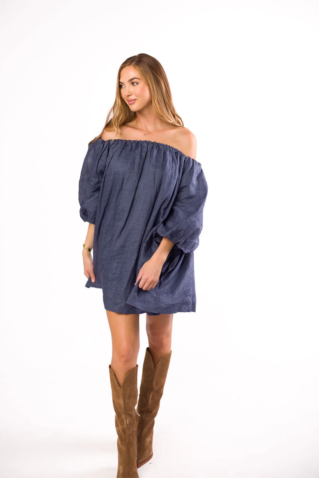 Cassidy 100% Linen On/Off Shoulder Mini Dress in Denim - Iieemm