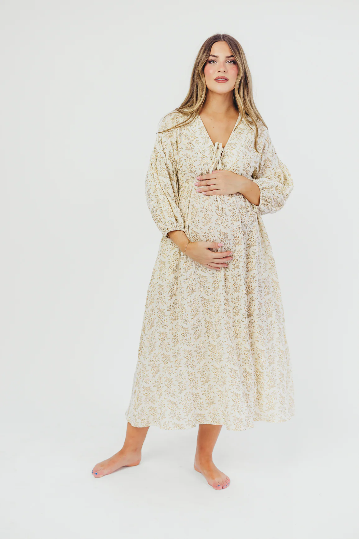 Hunter 100% Cotton Gauze Midi Dress in Natural/Tan Floral - Bump Friendly and Inclusive Sizing - Iieemm