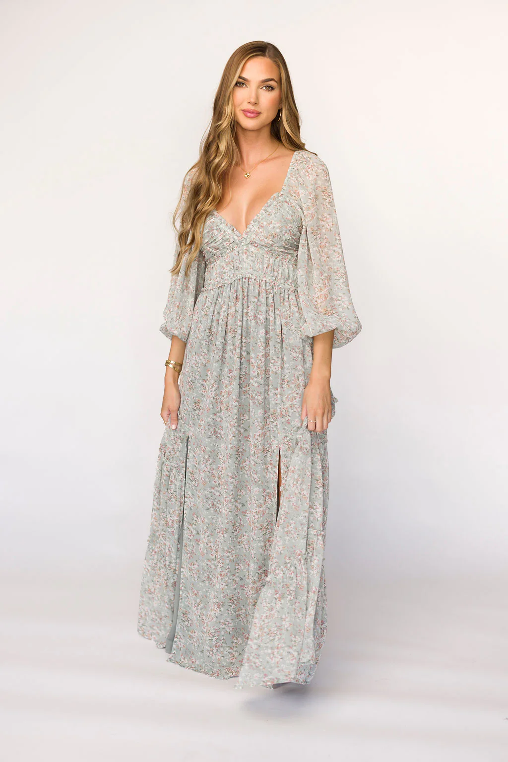 Daphne Long Sleeve Maxi Dress in Sage/Pink/Ivory Floral - Bump Friendly & Inclusive Sizing (XS-3XL) - Iieemm