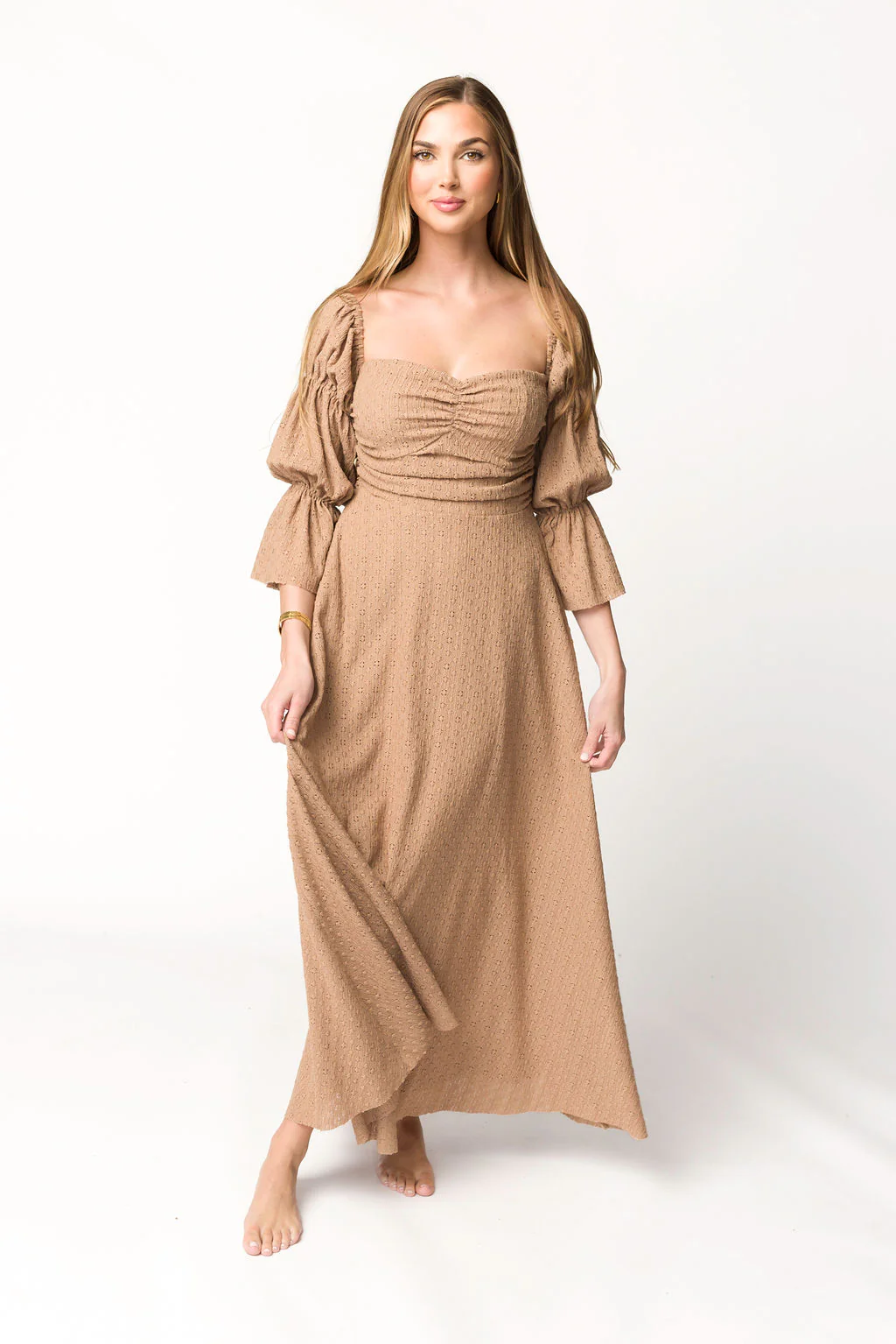 Corrine Tiered Sleeve Maxi Dress with Pockets in Caramel Taupe - Bump Friendly - Iieemm