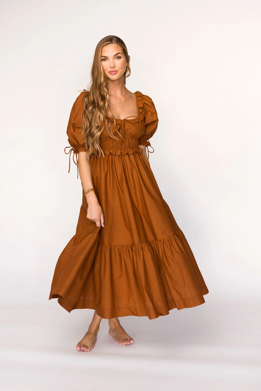 Crissy Ruched Midi Dress in Brown - Bump Friendly - Iieemm