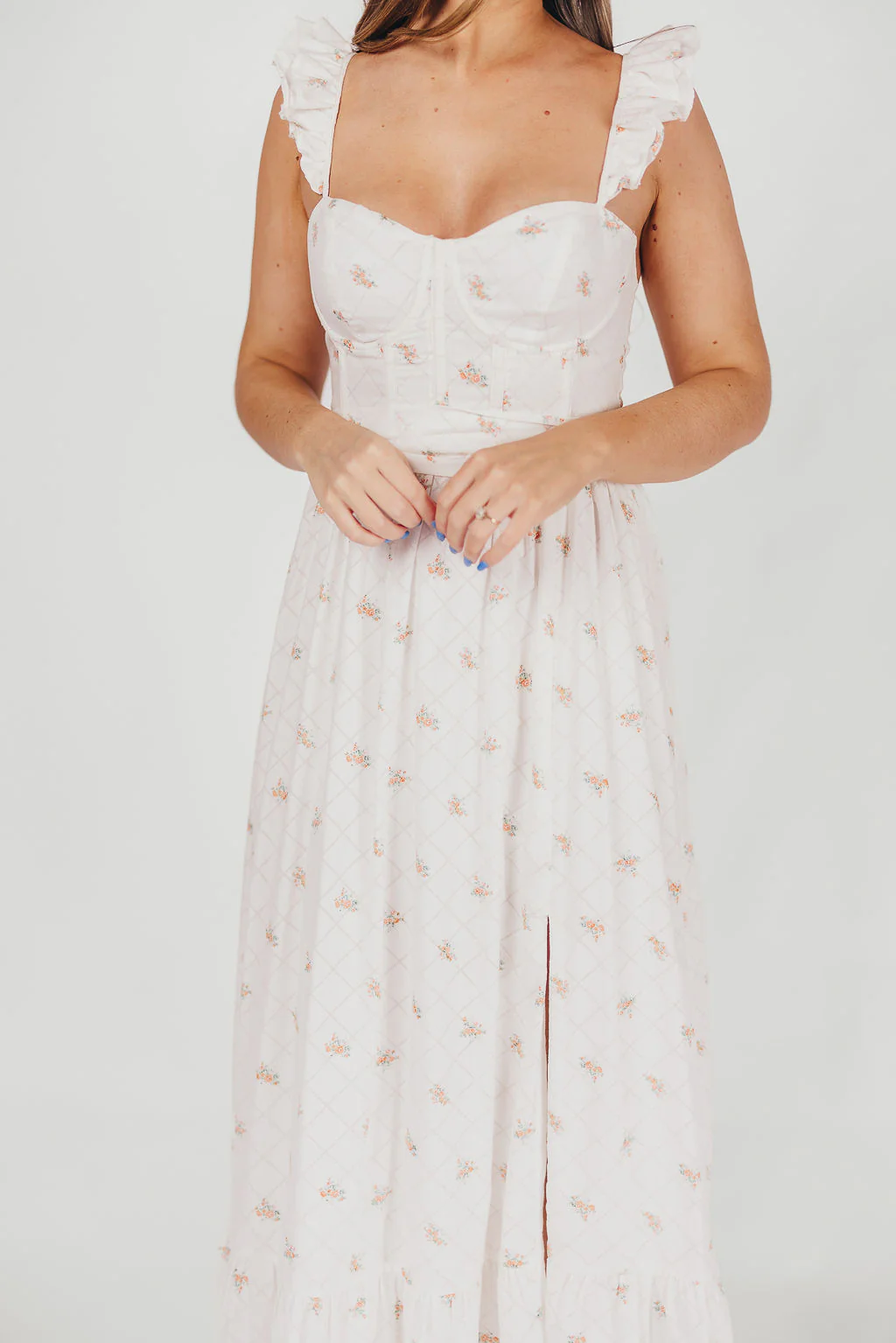 Rosamund Bustier-Style Maxi Dress in White/Orange Floral - Inclusive Sizing (S-XL) - Iieemm