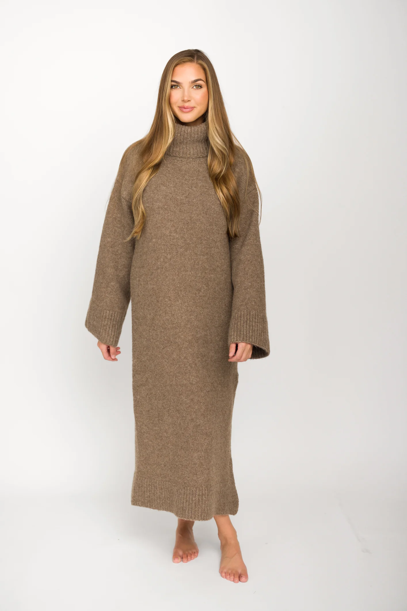 Melissa Cowl-Neck Sweater Midi Dress in Light Mocha - Iieemm