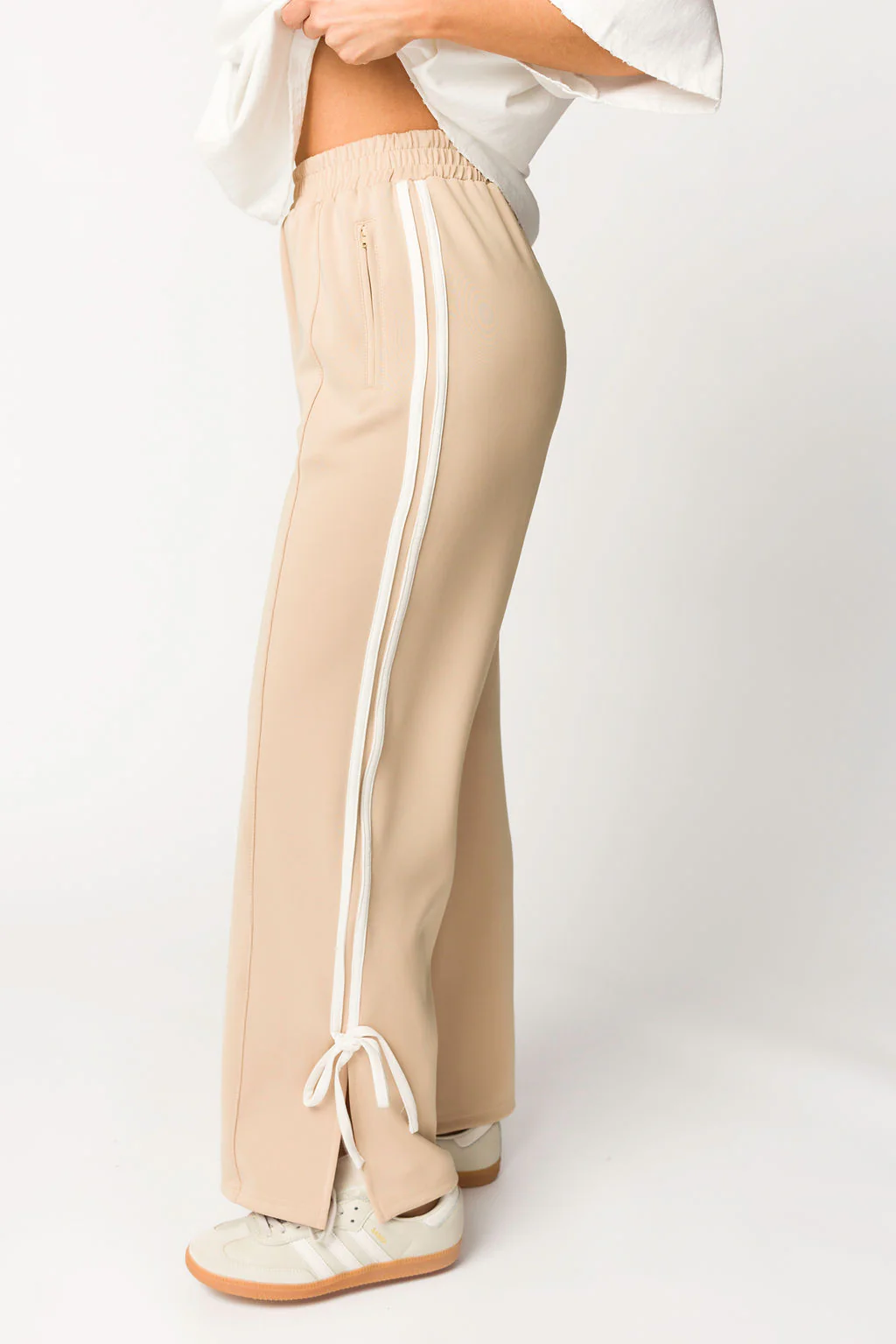 Murphy Track Pants with Bow Detail in Taupe/White - Iieemm