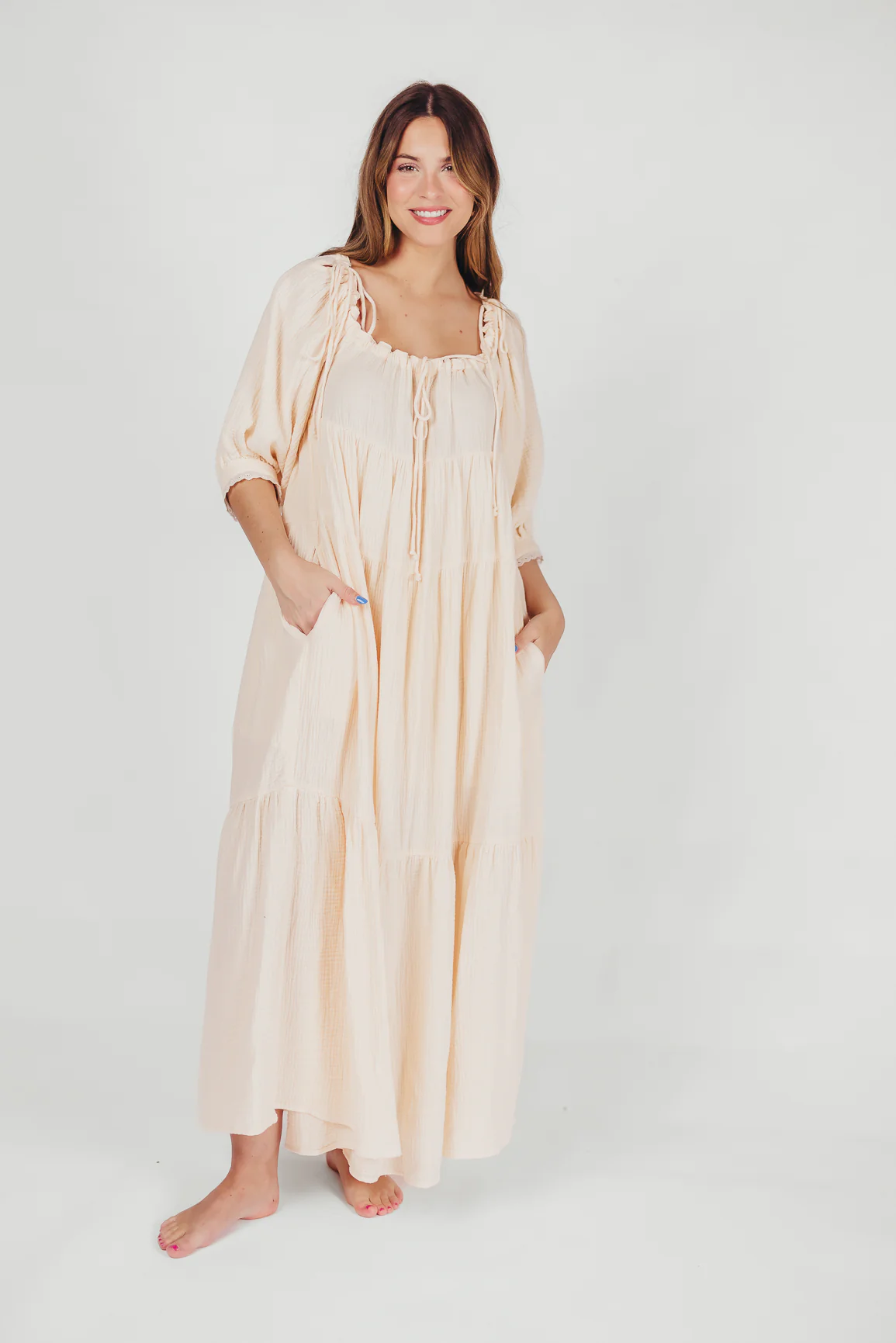 Goddess 100% Cotton Babydoll Maxi Dress in Blush - Bump Friendly - Iieemm