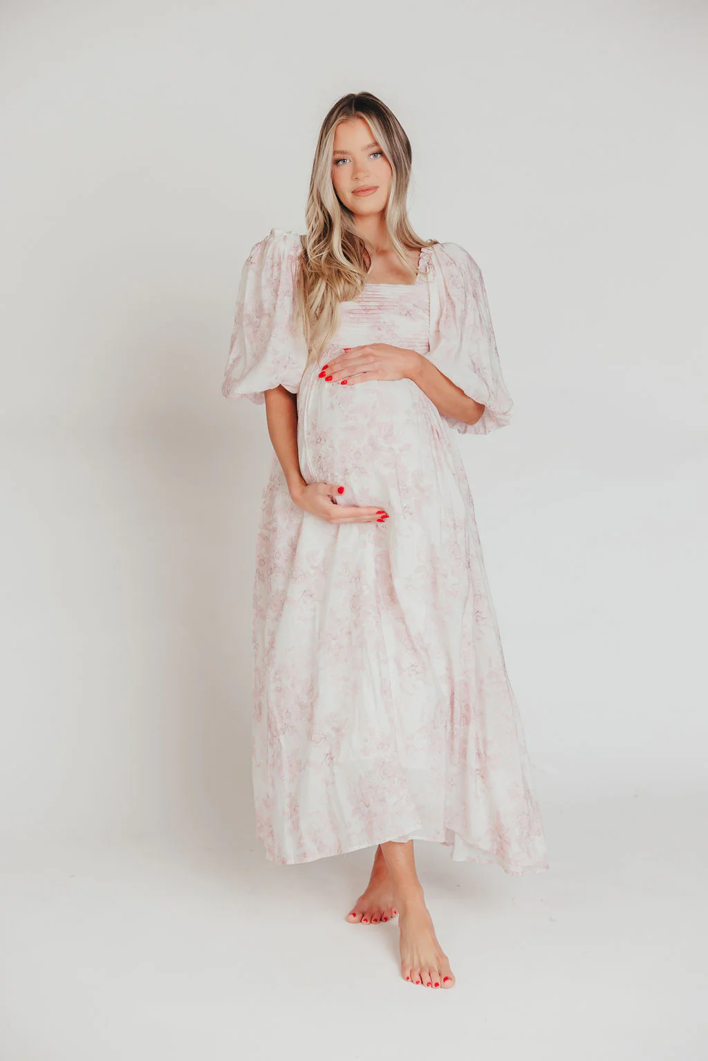 Melody Maxi Dress with Pleats and Bow Detail in Pink Toile - Bump Friendly & Inclusive Sizing (XL-3XL) - Iieemm