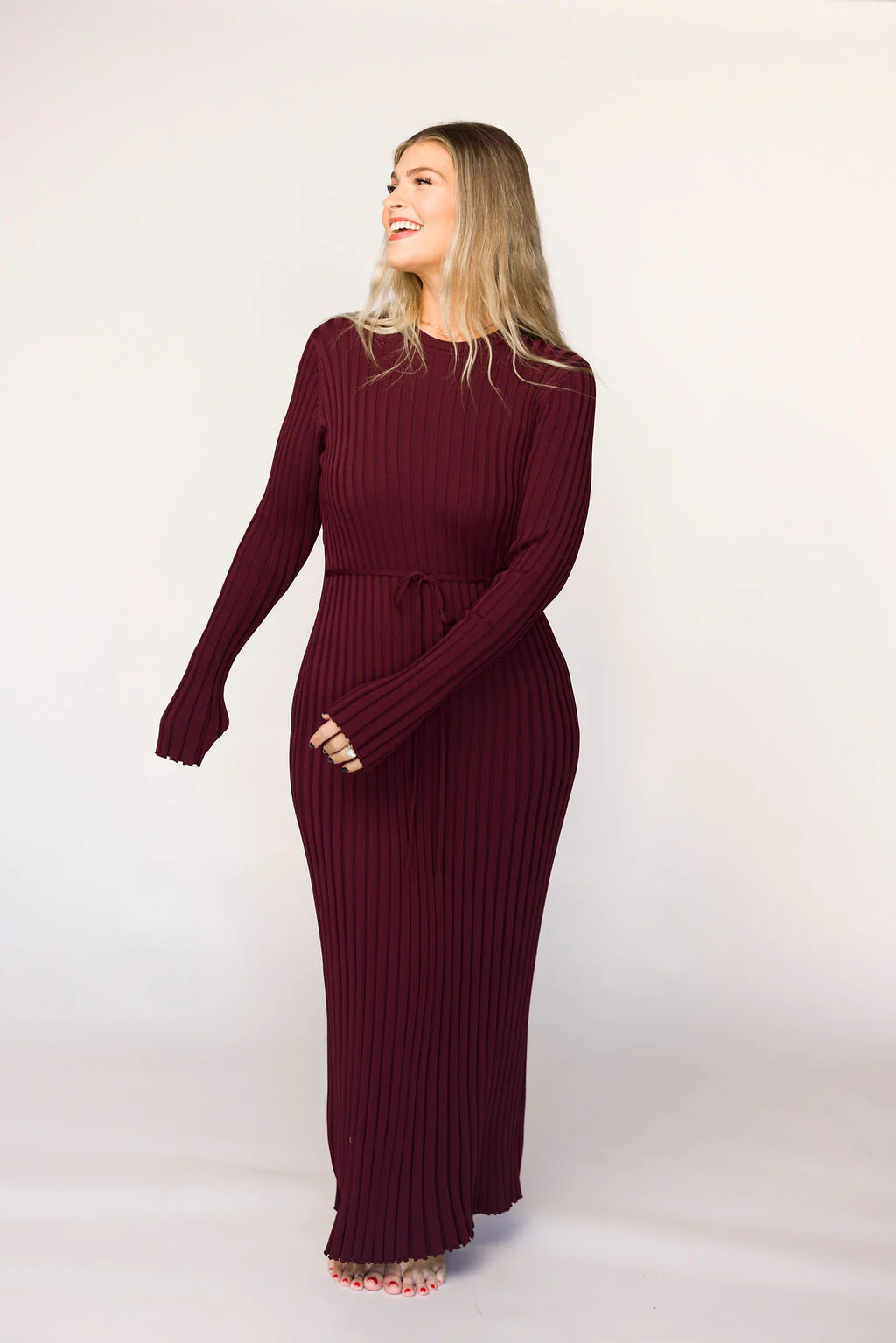 Colette Premium Long Sleeved Ribbed Knit Maxi Dress in Burgundy - Bump Friendly - Iieemm