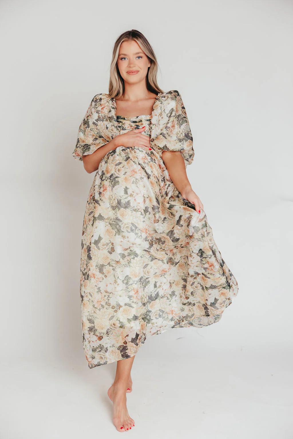 Melody Maxi Dress with Pleats and Bow Detail in Champagne Floral - Bump Friendly & Inclusive Sizing (S-3XL) - Iieemm