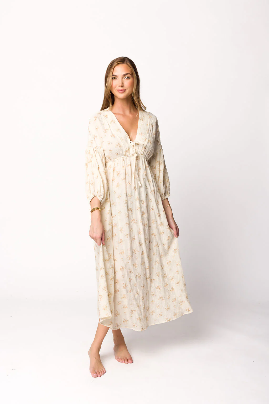 Hunter 100% Cotton Gauze Midi Dress in Taupe Floral - Bump Friendly - Iieemm