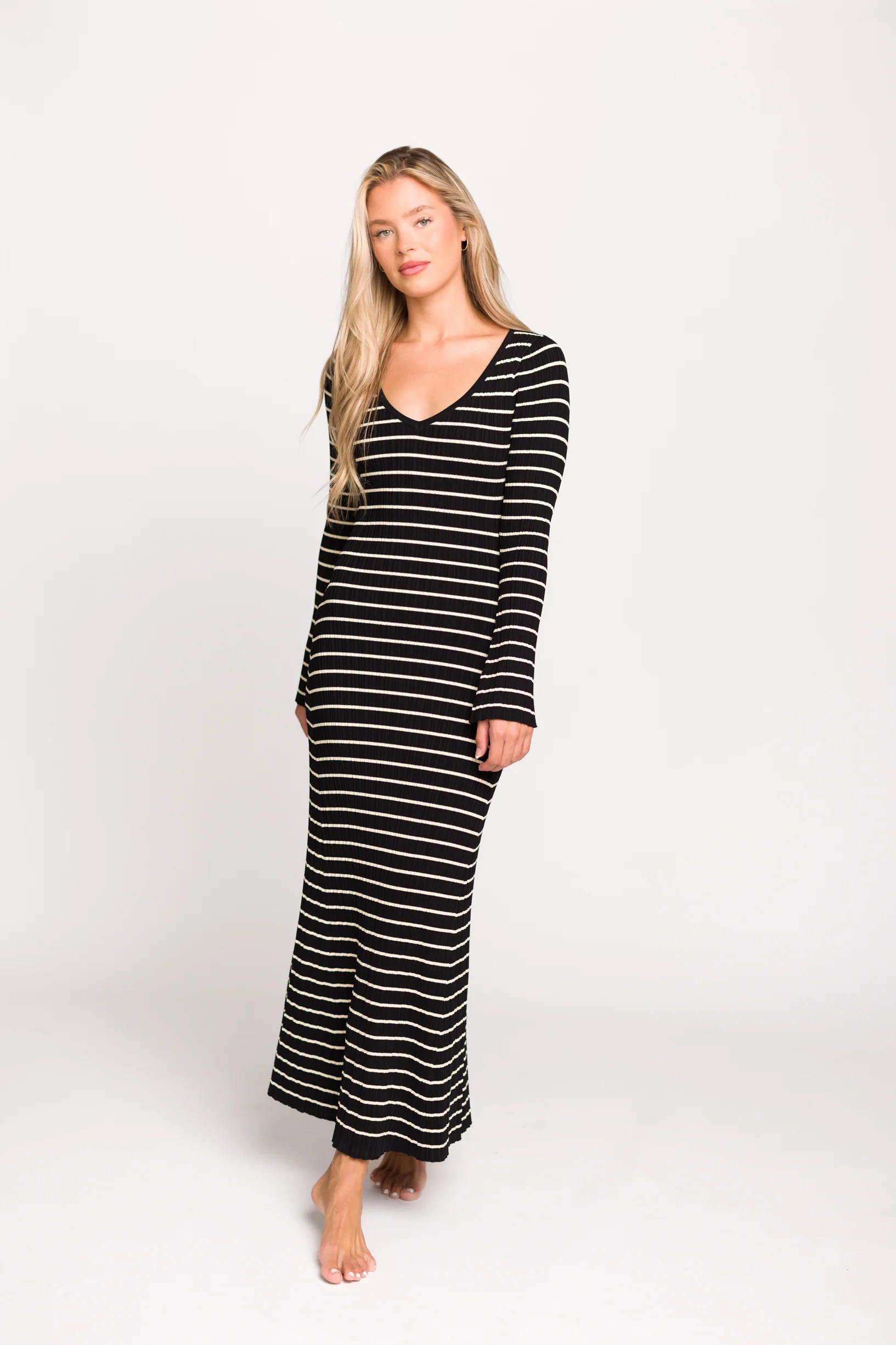 Keaton Knit Maxi Dress with V-Neckline in Black/Cream Stripe - Iieemm