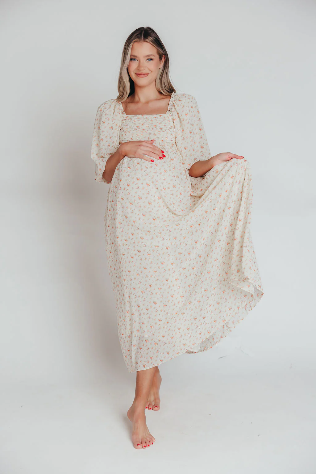 Melody Maxi Dress with Pleats and Bow Detail in Ivory Floral- Bump Friendly & Inclusive Sizing (S-3XL) - Iieemm