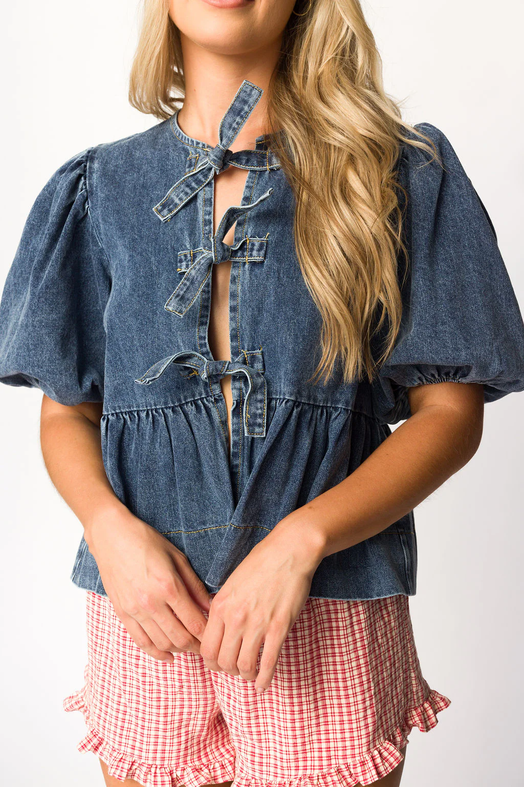 Norah Tied Top in Medium Wash Denim - Iieemm