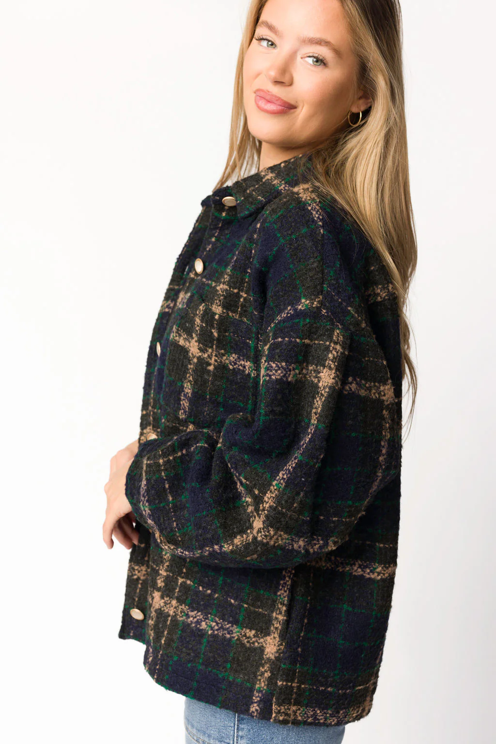 Lucille Boucle Plaid Puff Sleeve Jacket in Navy/Taupe - Iieemm