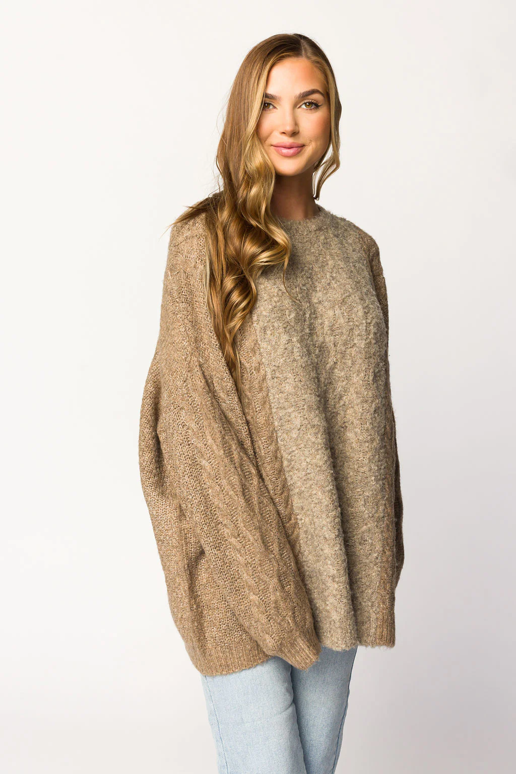 Tara Contrast Stripe Cable Knit Sweater in Twig - Iieemm