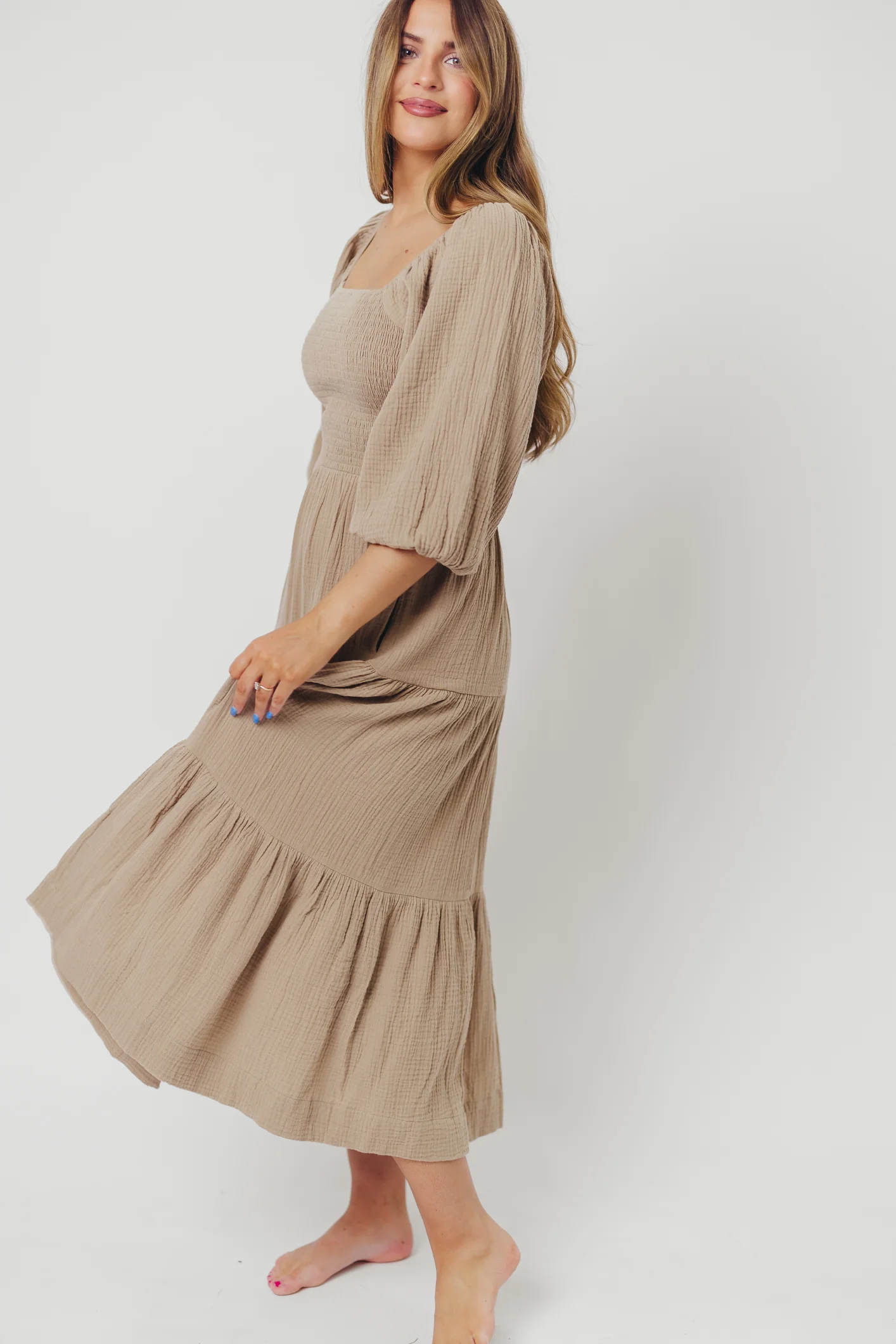 Taylor Cotton Smocked Midi Dress with Tiered Skirt in Pumice - Inclusive Sizing - Iieemm