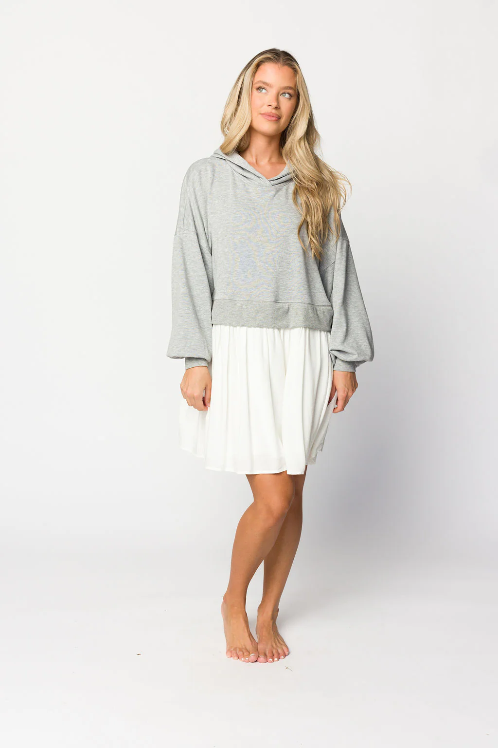 Caroline Hoodie/Babydoll Mini Dress in Heather Grey/Off-White - Iieemm