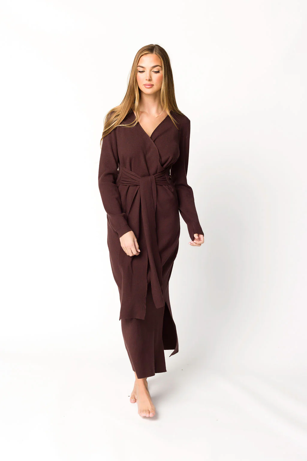 Harley Heathered Knit Midi Wrap Dress in Brown - Iieemm