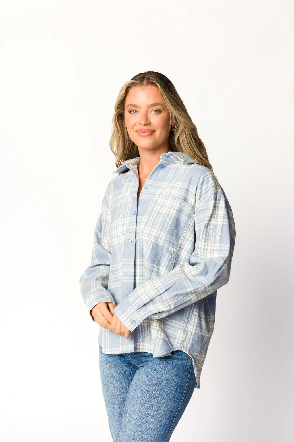 Gia Button-Down Shirt in Light Blue Plaid - Nursing Friendly - Iieemm