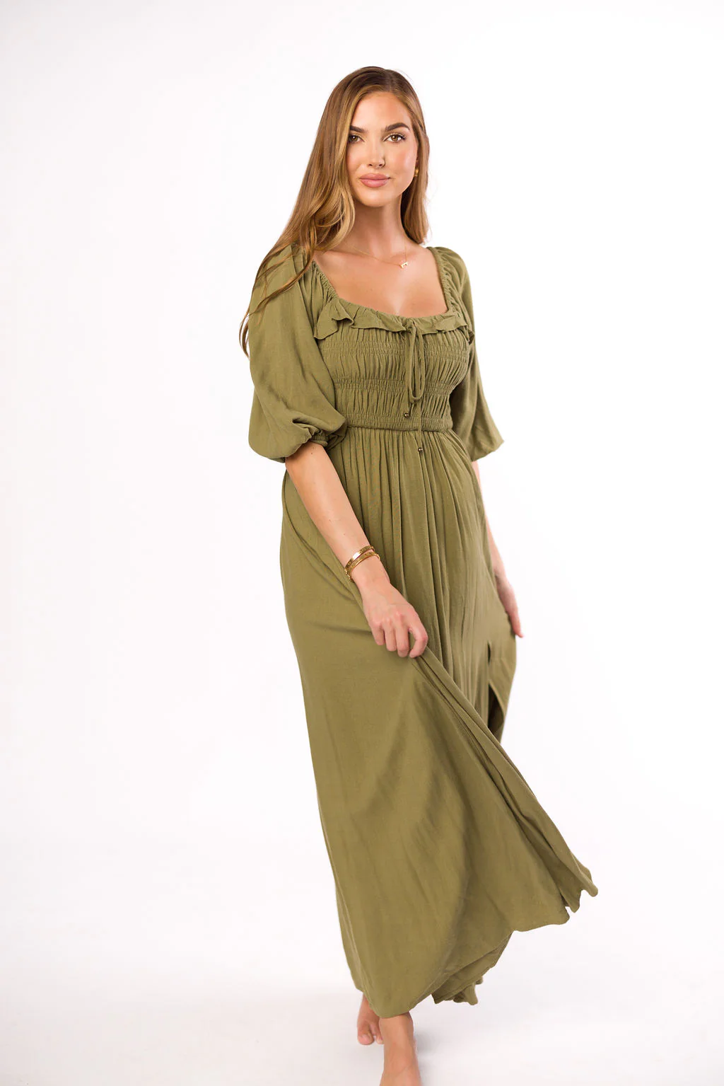 Devon Smocked Maxi Dress in Light Olive - Bump Friendly - Iieemm