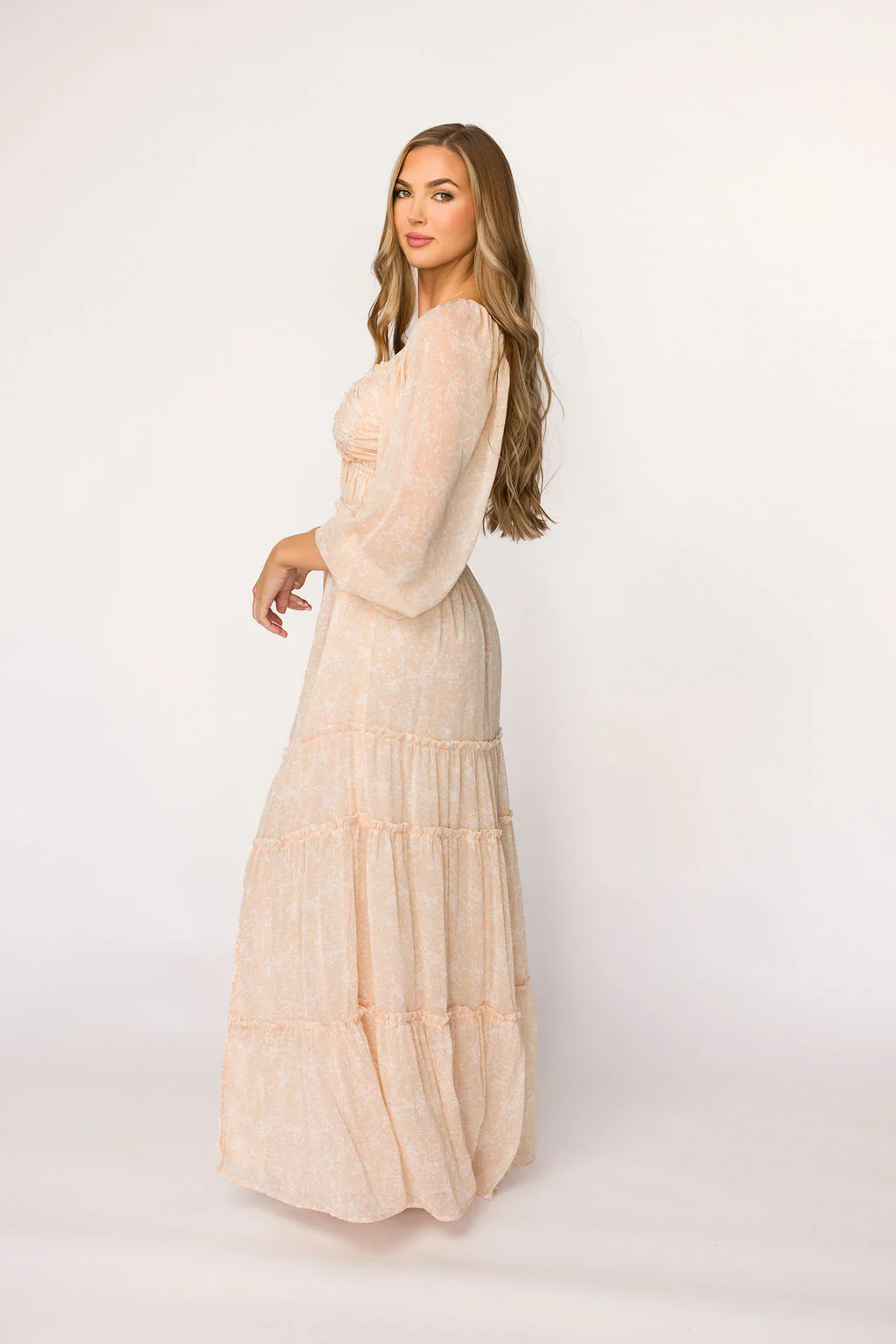 Daphne Long Sleeve Maxi Dress in Light Beige/White Floral - Bump Friendly & Inclusive Sizing (XS-3XL) - Iieemm