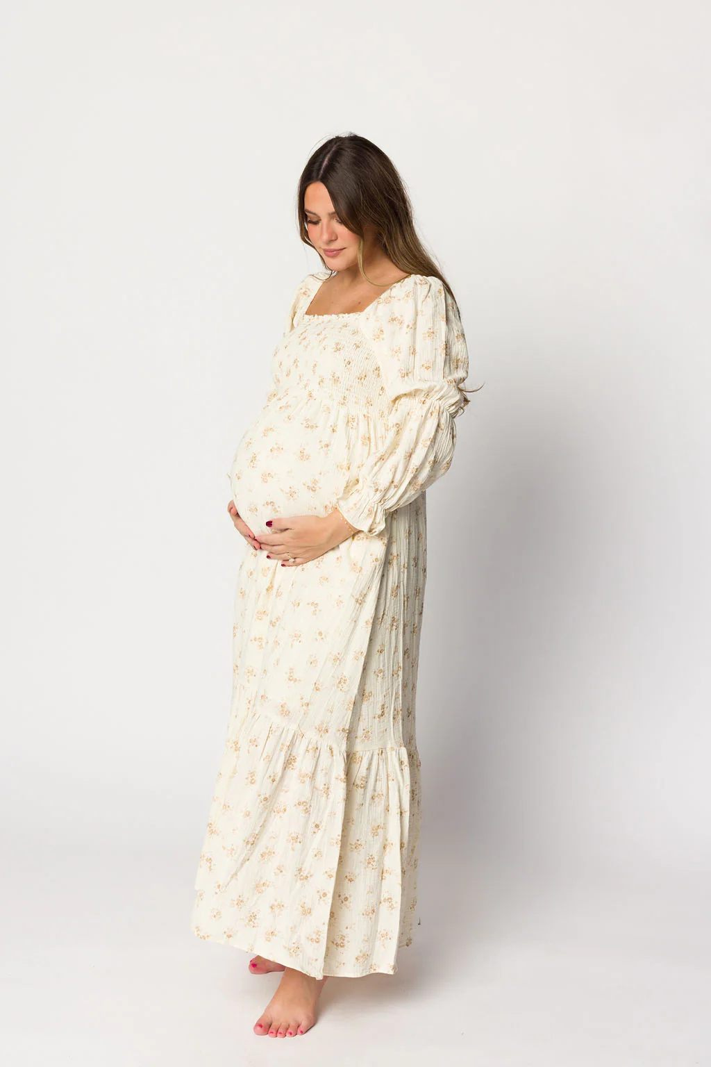 Emerson Smocked Gauze Maxi Dress with Long Sleeves in Natural - Bump Friendly - Iieemm
