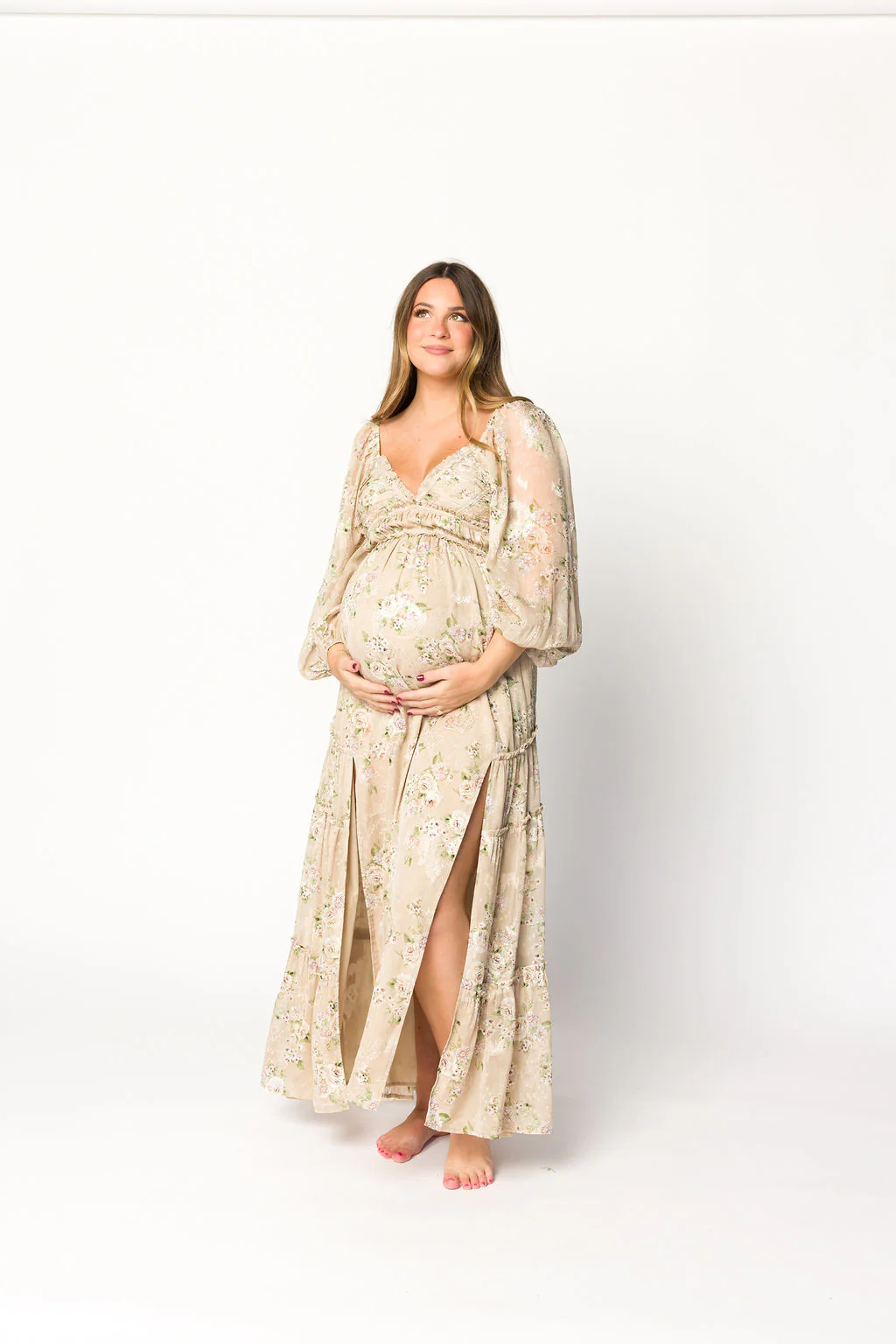 Daphne Long Sleeve Maxi Dress in Beige Multi Floral - Bump Friendly & Inclusive Sizing (XS-3XL) - Iieemm
