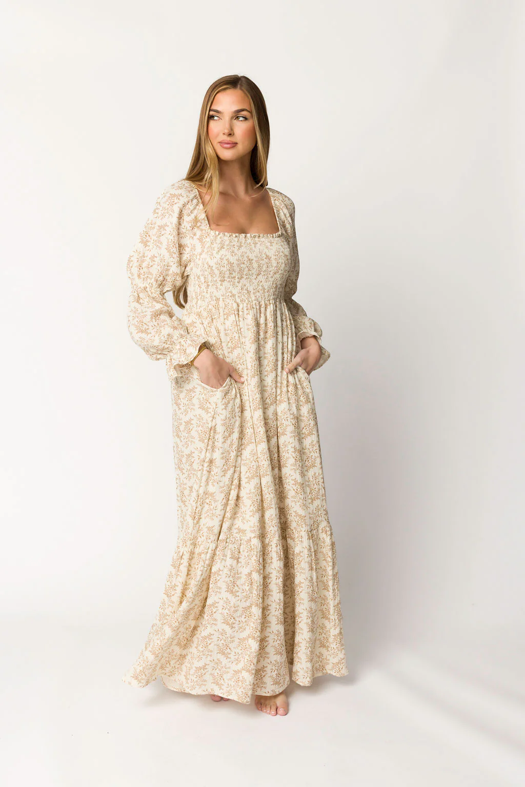 Emerson Gauze Maxi Dress in Natural/Tan Floral - Bump Friendly - Iieemm