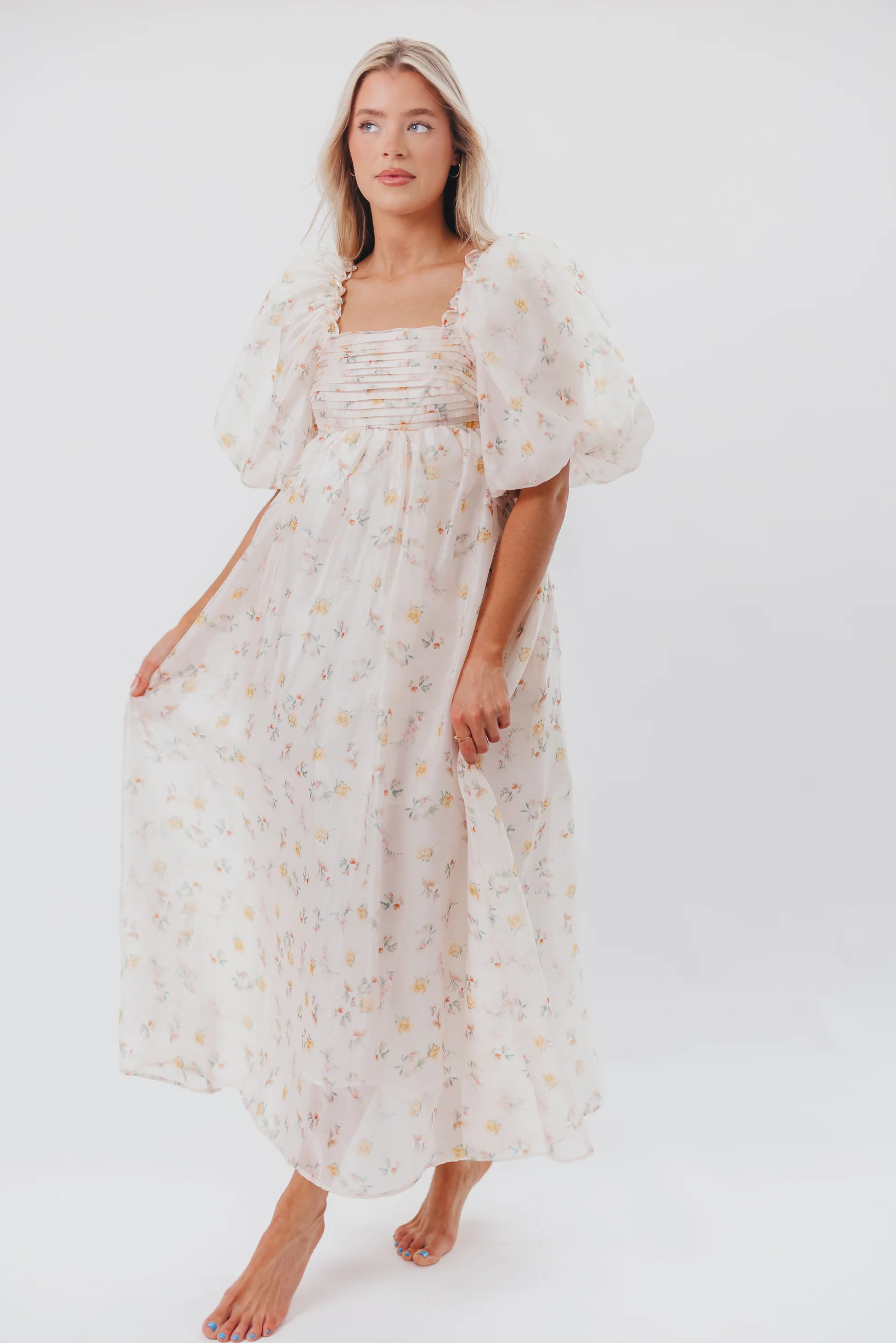 Melody Maxi Dress with Pleats and Bow Detail in Yellow Rose Floral - Bump Friendly & Inclusive Sizing (S-3XL) - Iieemm