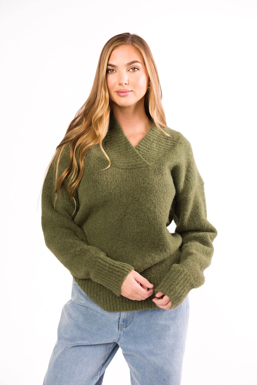 Jordan V-Neck Slouchy Soft Knit Sweater in Olive - Iieemm