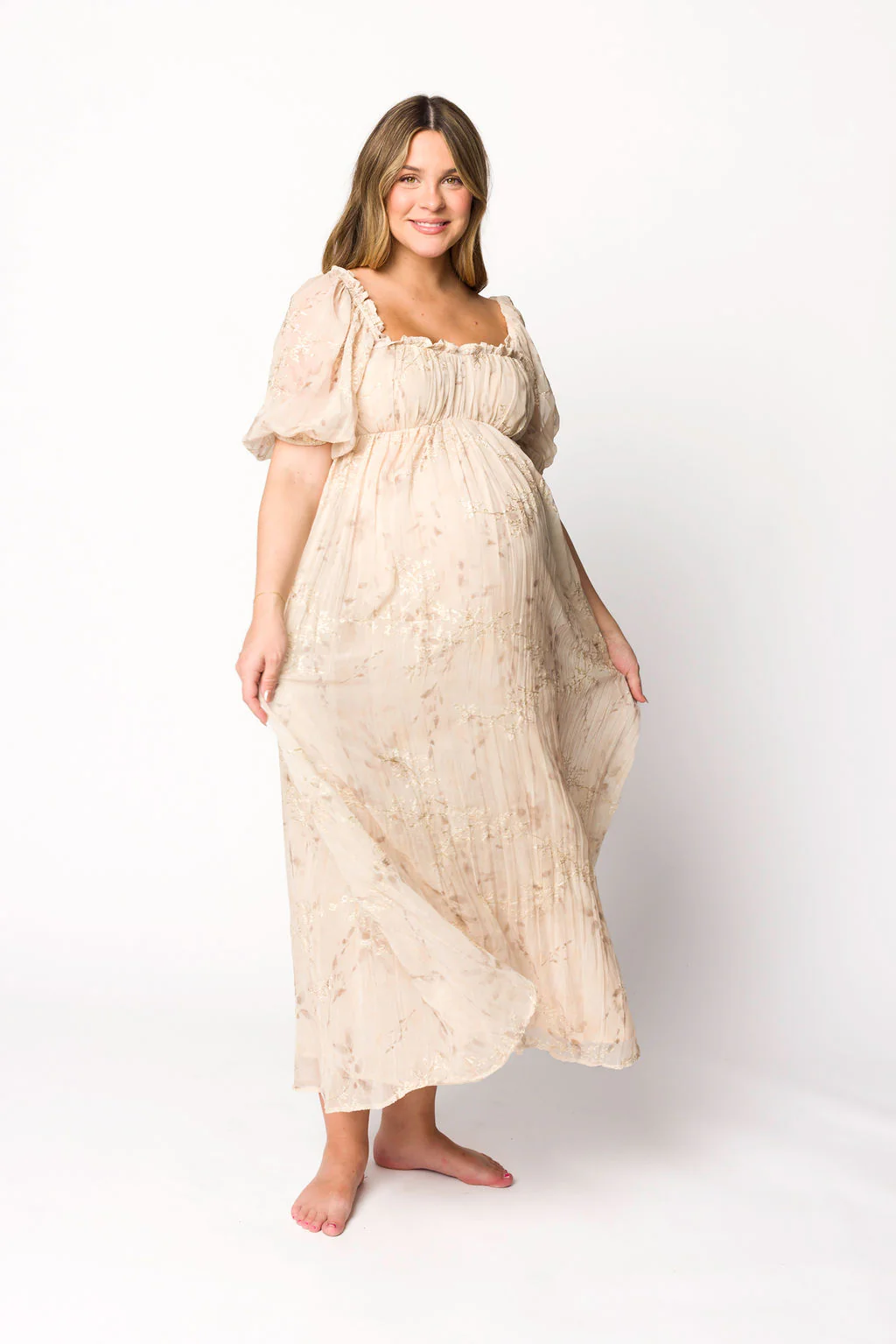 Danielle Puffed Sleeve Maxi Dress in Light Beige Floral - Bump Friendly - Iieemm