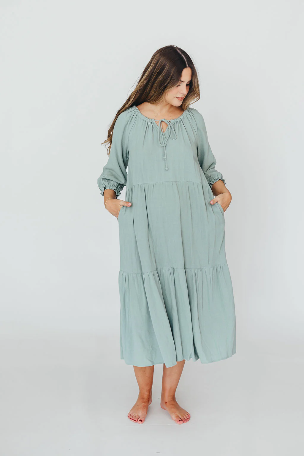 Avery Tiered Linen-Blend Midi Dress in Sage - Bump Friendly and Inclusive Sizing - Iieemm