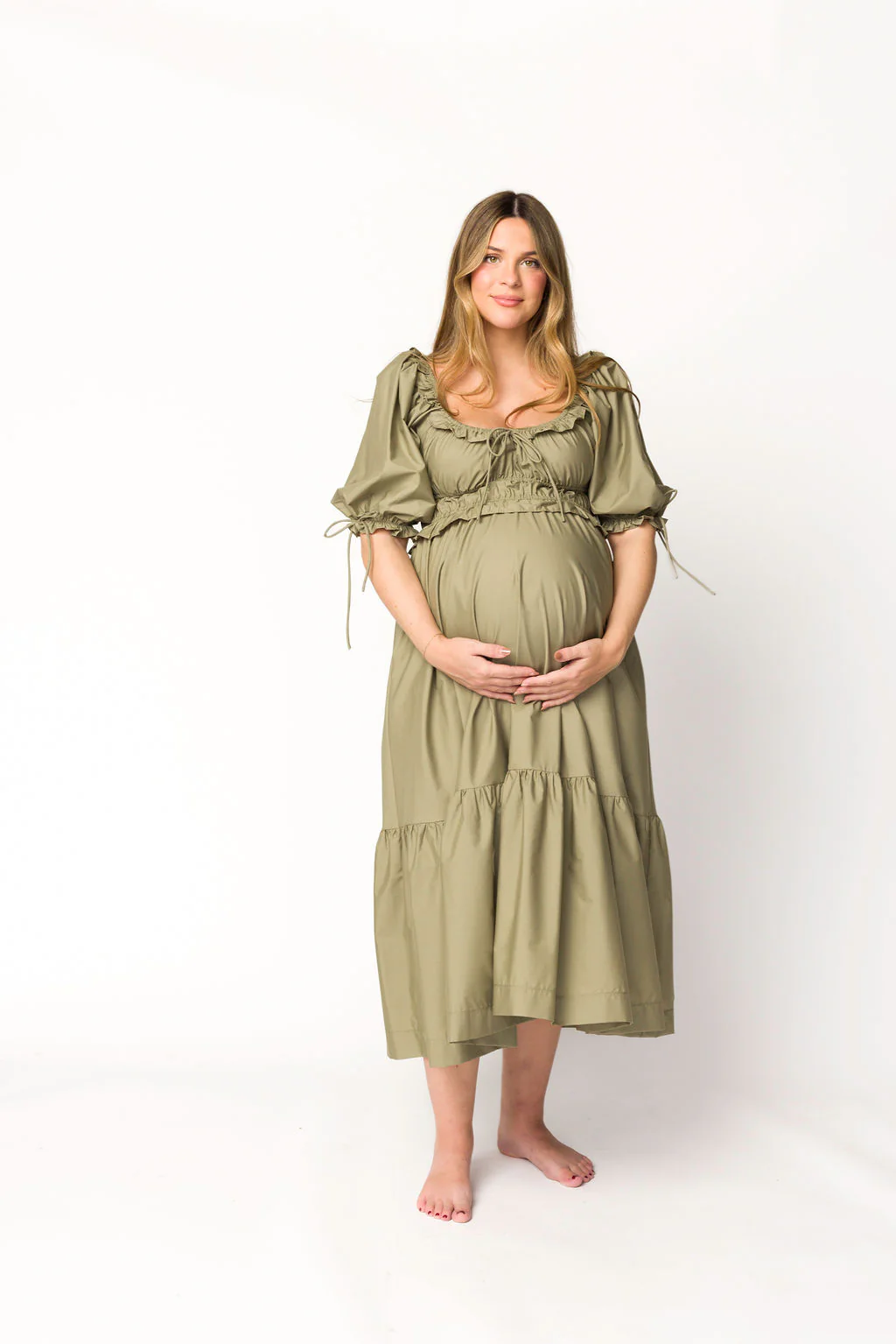 Crissy Ruched Midi Dress in Dusty Olive - Bump Friendly - Iieemm