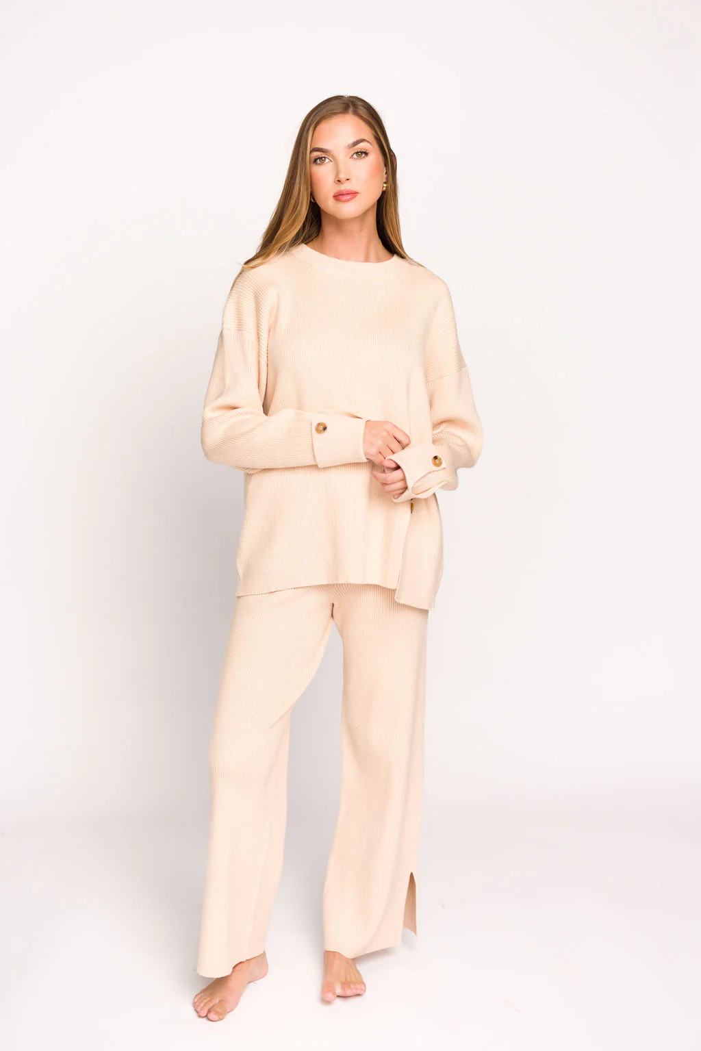 Theresa Side Button Detailed Knit Sweater and Pants Set in Champagne - Iieemm