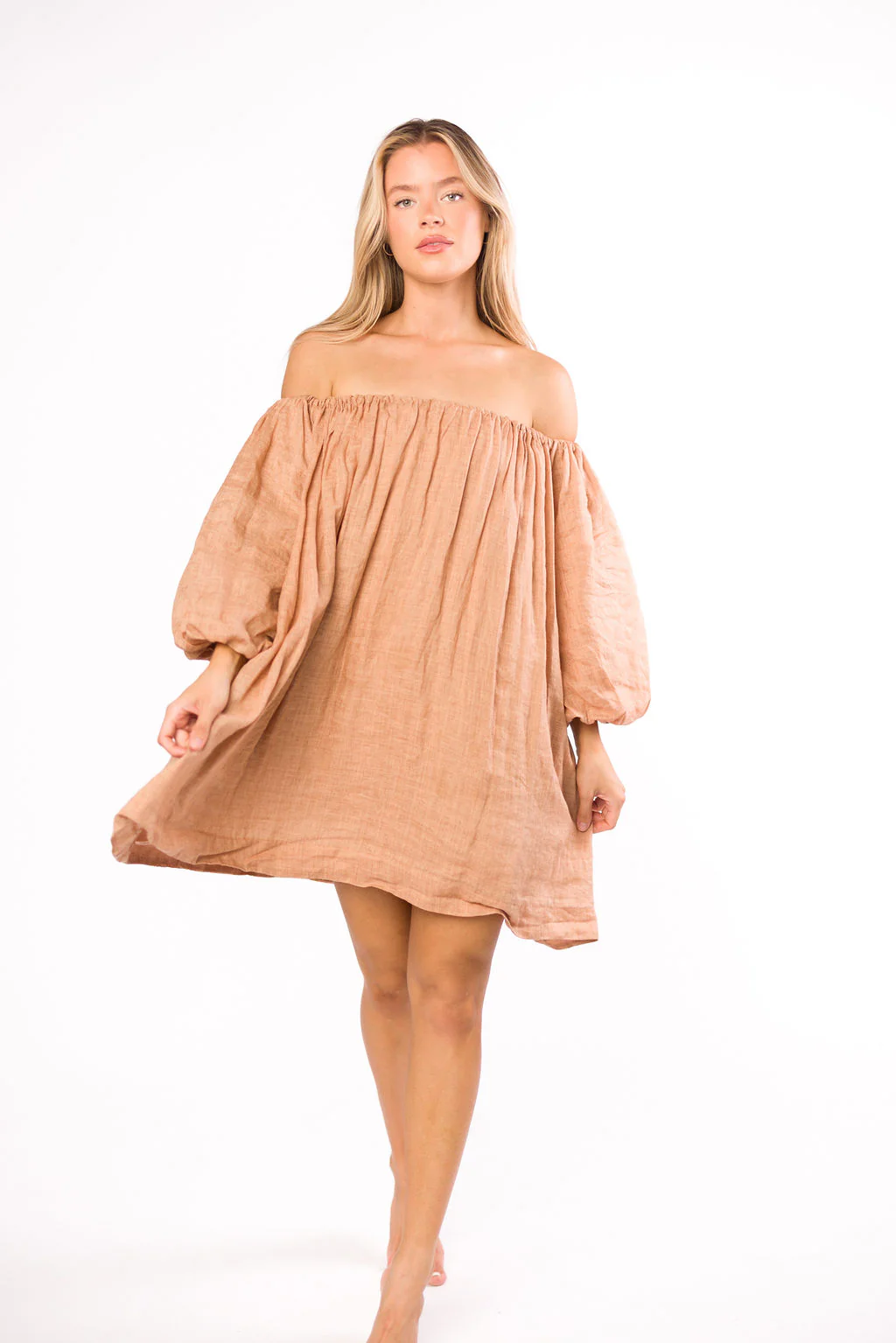 Cassidy 100% Linen On/Off Shoulder Mini Dress in Mocha - Iieemm