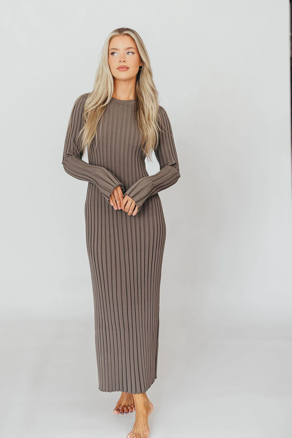 Colette Premium Long Sleeved Ribbed Knit Maxi Dress in Mocha Slate - Bump Friendly - Iieemm