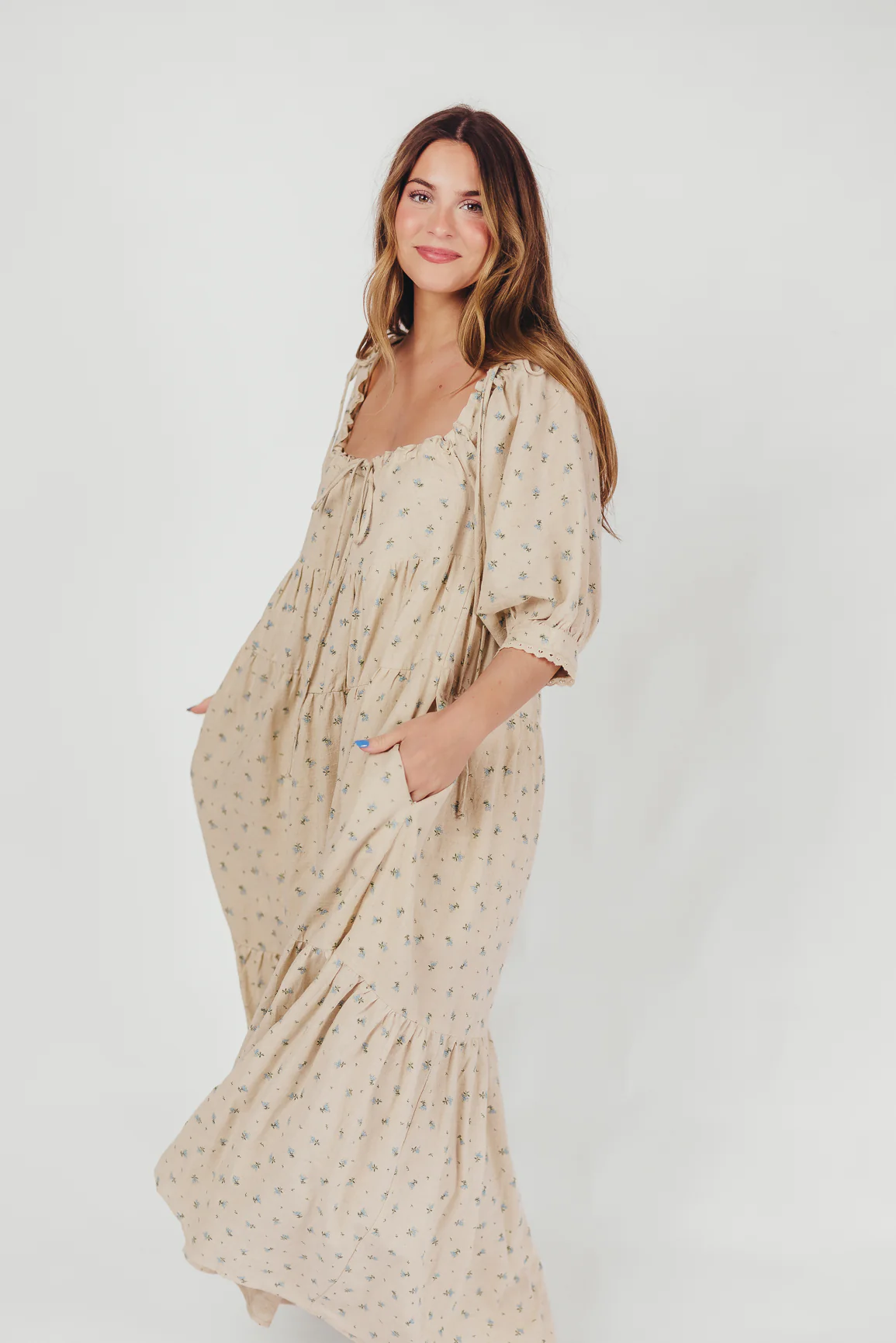 Cara 100% Cotton Maxi Dress in Blue/Brown Floral - Iieemm