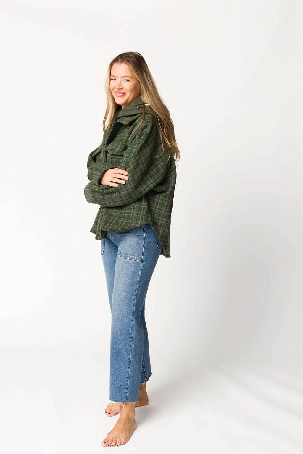 Jilly Plaid Jacket with Detachable Hood in Evergreen - Iieemm