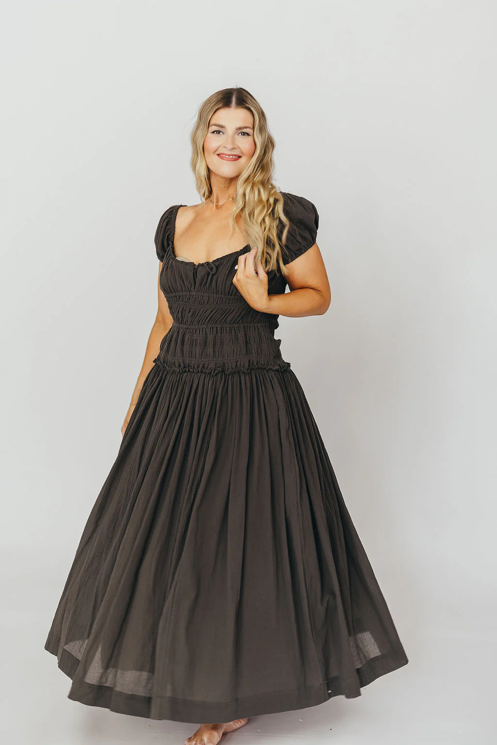 Aria Smocked Maxi Dress with Dropped Waist in Olive - Iieemm