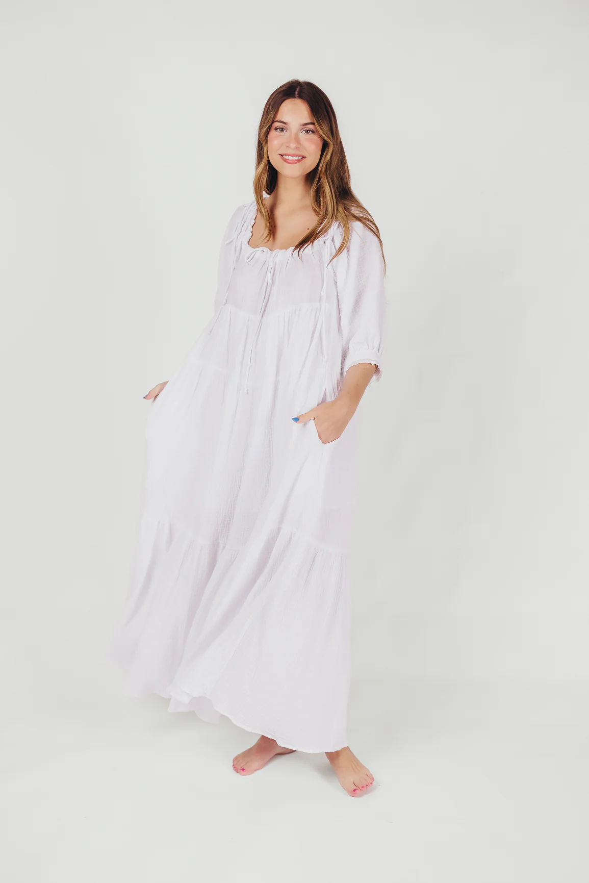 Goddess 100% Cotton Babydoll Maxi Dress in White - Bump Friendly - Iieemm