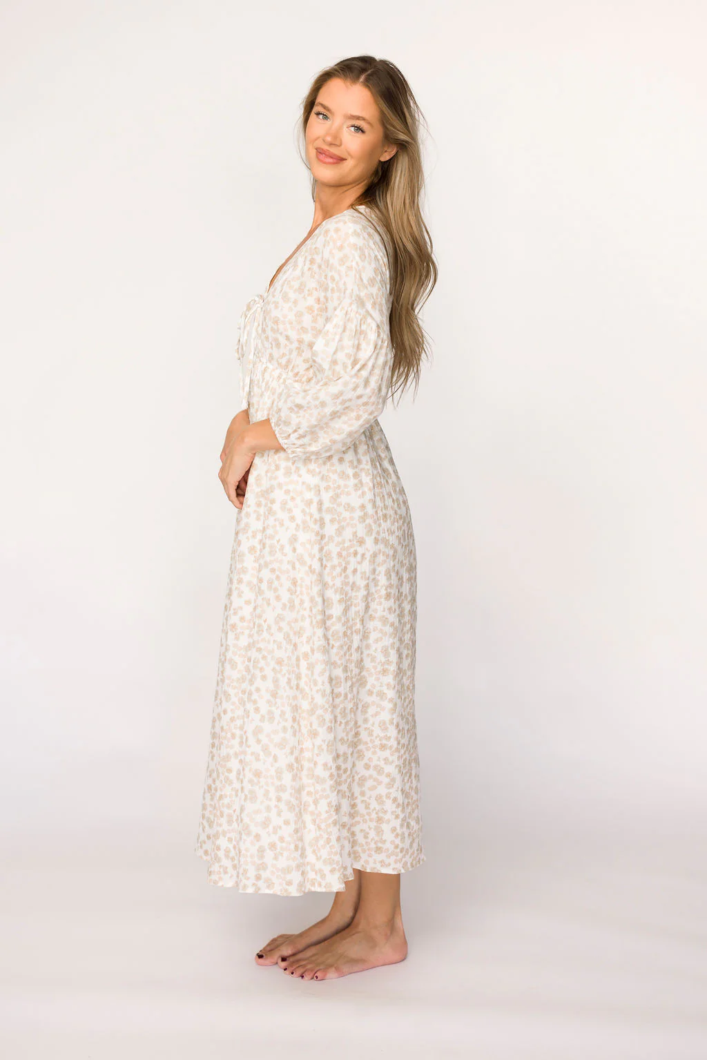 Hunter 100% Cotton Gauze Midi Dress in Natural/Fawn Floral - Bump Friendly - Iieemm