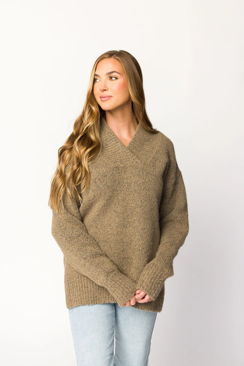 Jordan V-Neck Slouchy Soft Knit Sweater in Taupe - Iieemm