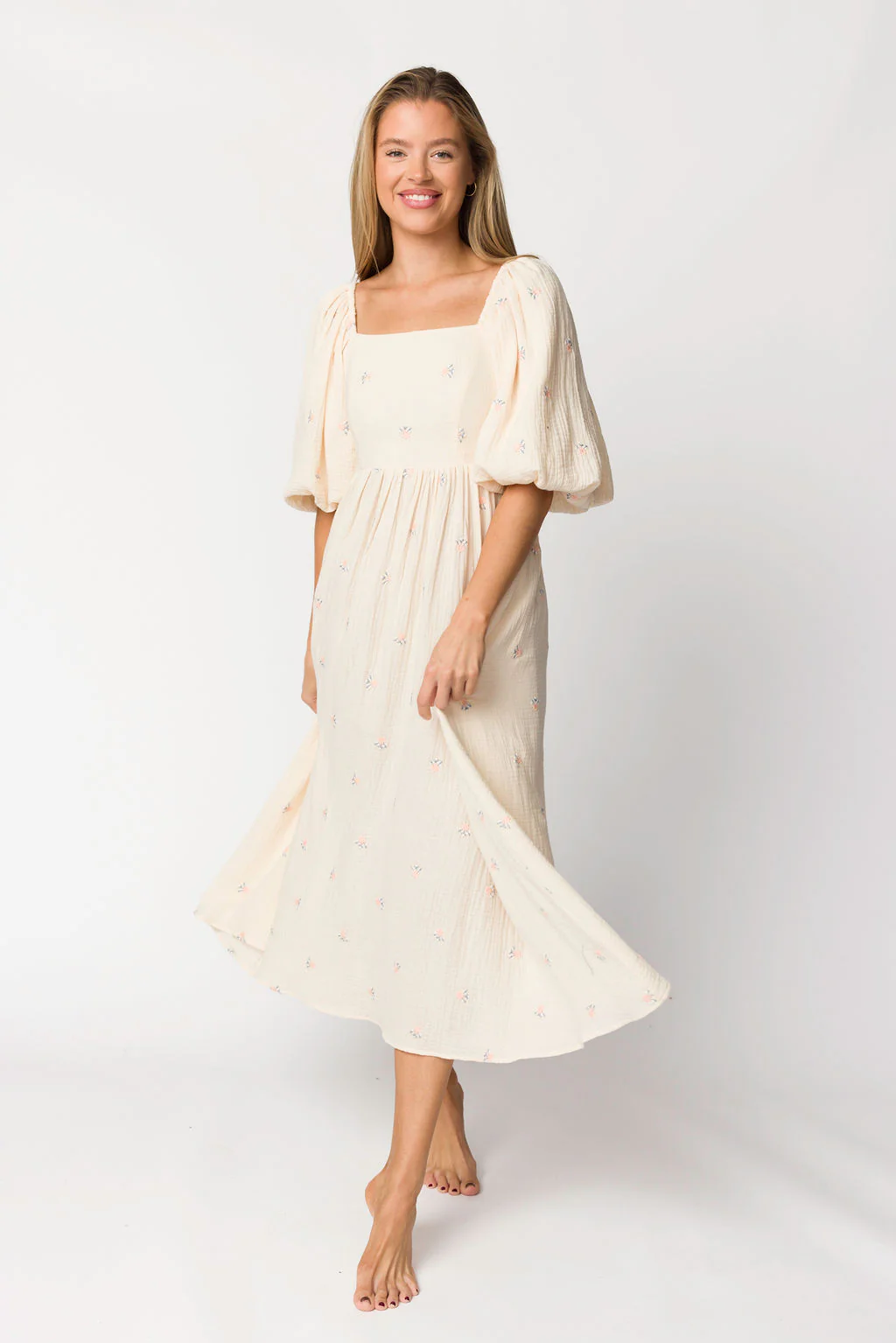 Natalie Embroidered Floral Midi Dress in Cream - Iieemm