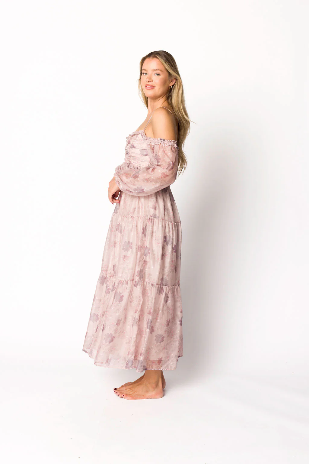 Atlas Rouched Midi Dress in Purple/Blush Floral - Iieemm