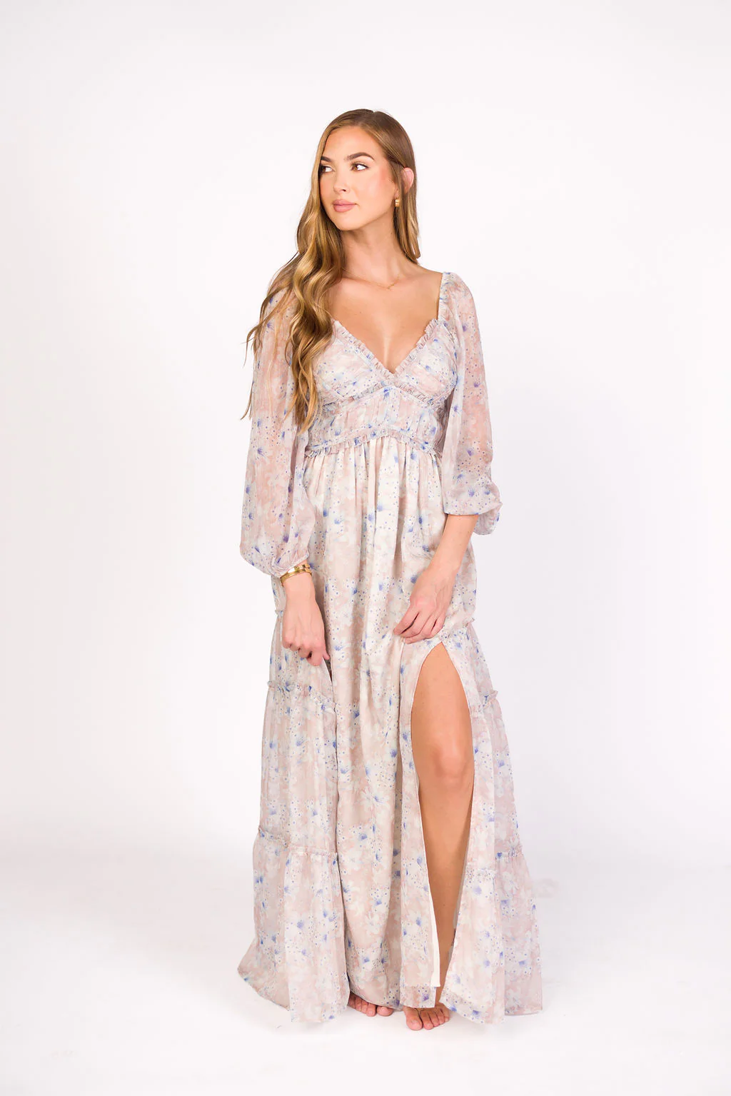 Daphne Long Sleeve Maxi Dress in Beige/Blue Floral - Bump Friendly & Inclusive Sizing (XS-3XL) - Iieemm