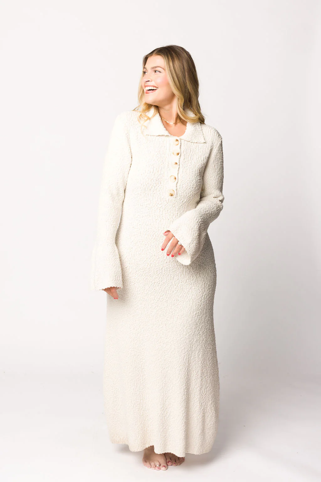 Courtney Boucle Maxi Shirt Dress in Cream- Nursing Friendly - Iieemm