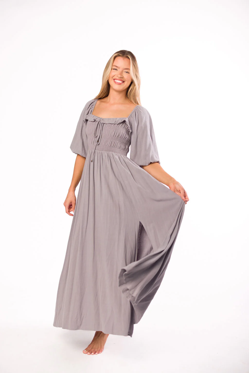 Devon Smocked Maxi Dress in Slate Grey - Bump Friendly - Iieemm