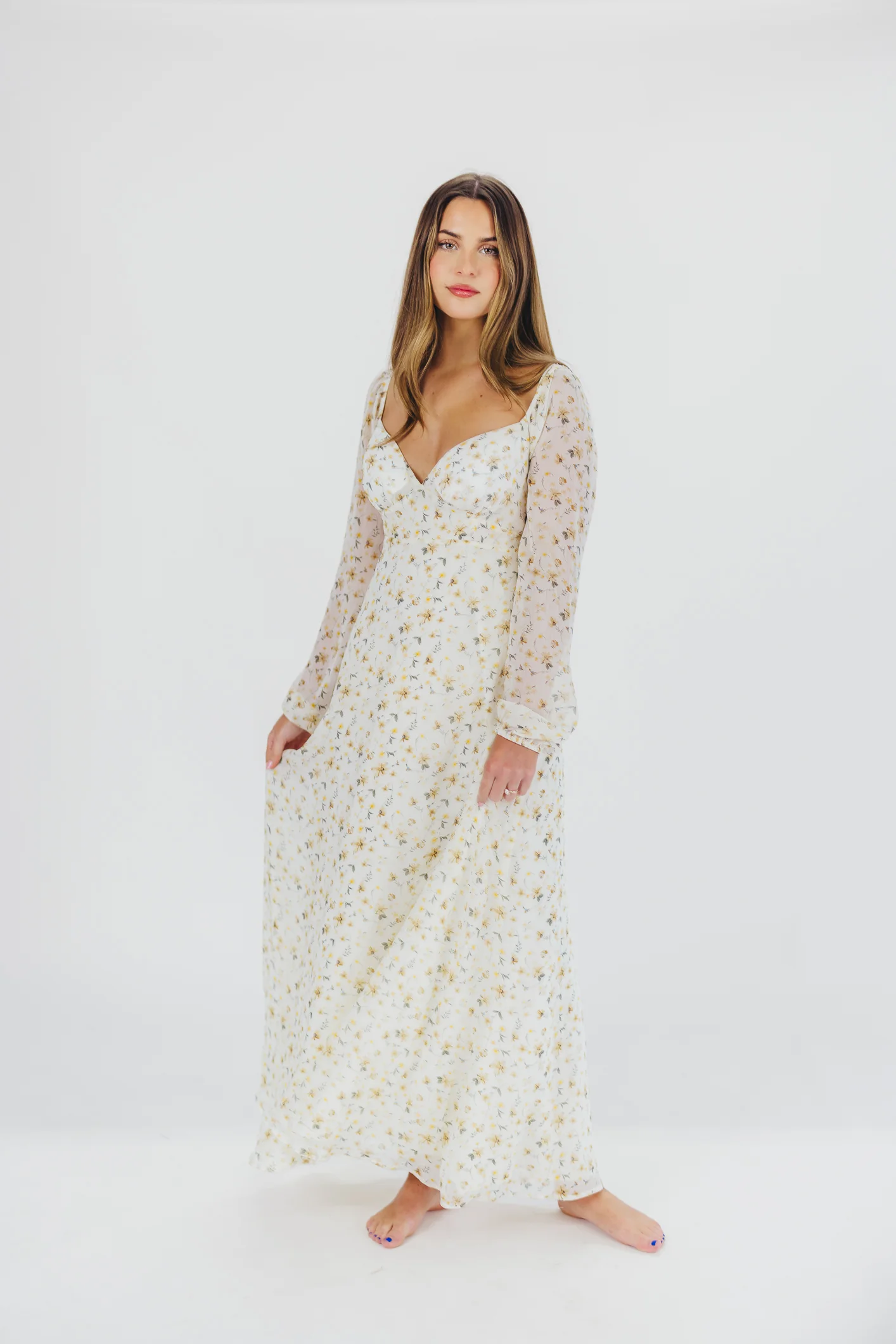 Parker Smocked Maxi Dress with Puffed Sleeves in Ivory/Yellow - Bump Friendly & Inclusive Sizing (S-3XL) - Iieemm