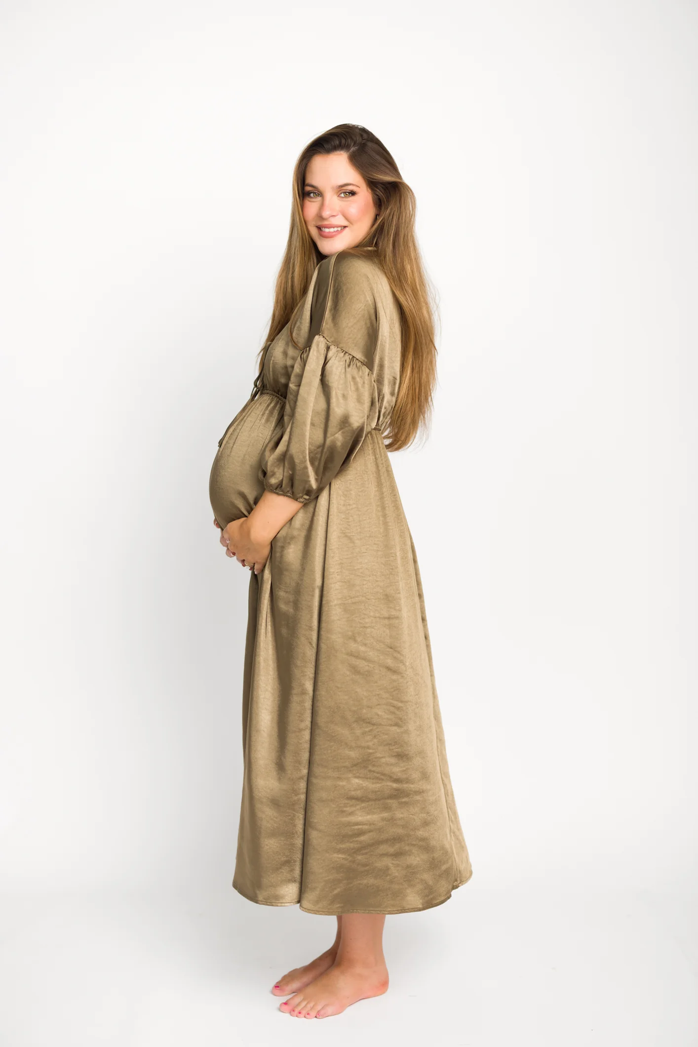 Hunter Premium *Satin* Midi Dress in Tapenade - Bump Friendly - Iieemm