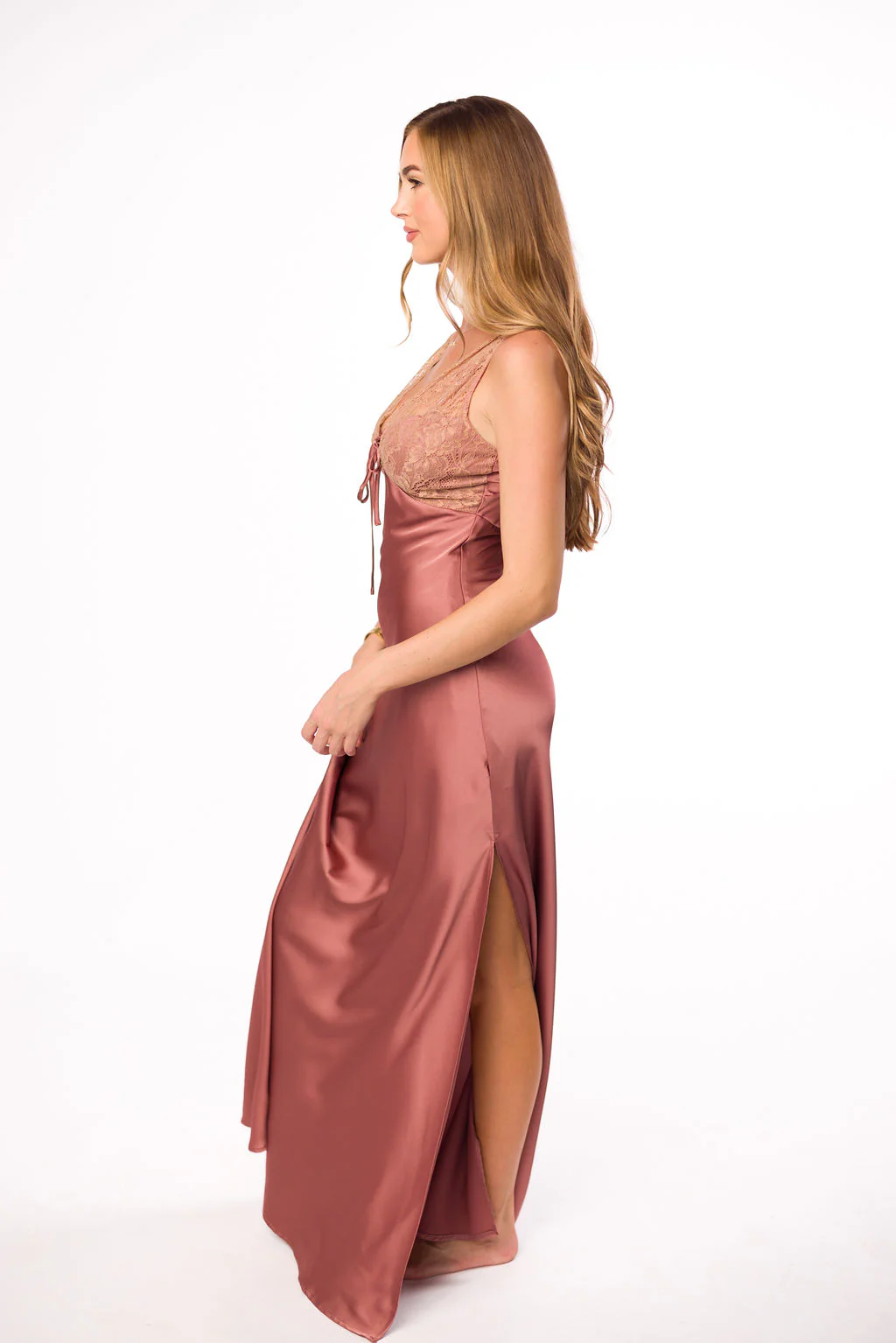 Christina Lace & Satin Contrast Maxi Dress in Blushed Cashmere - Iieemm