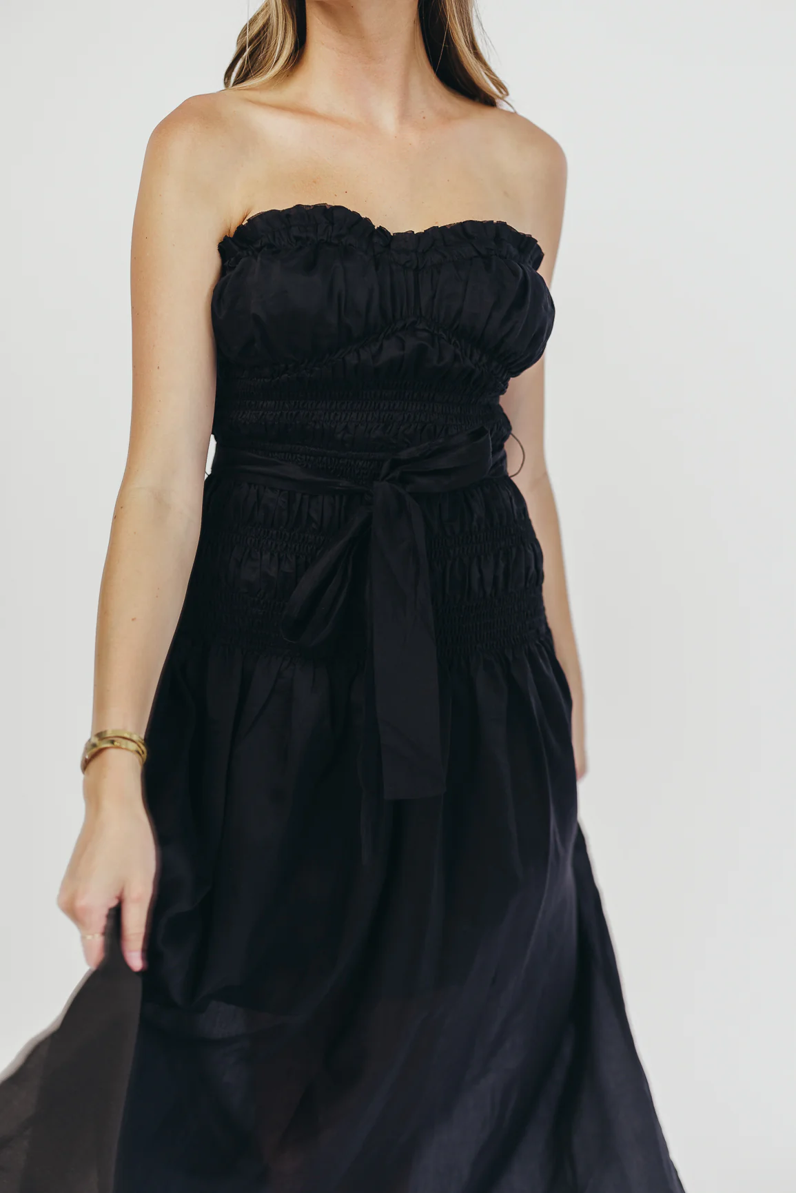 Devin Strapless Midi Dress with Sash in Black - Iieemm
